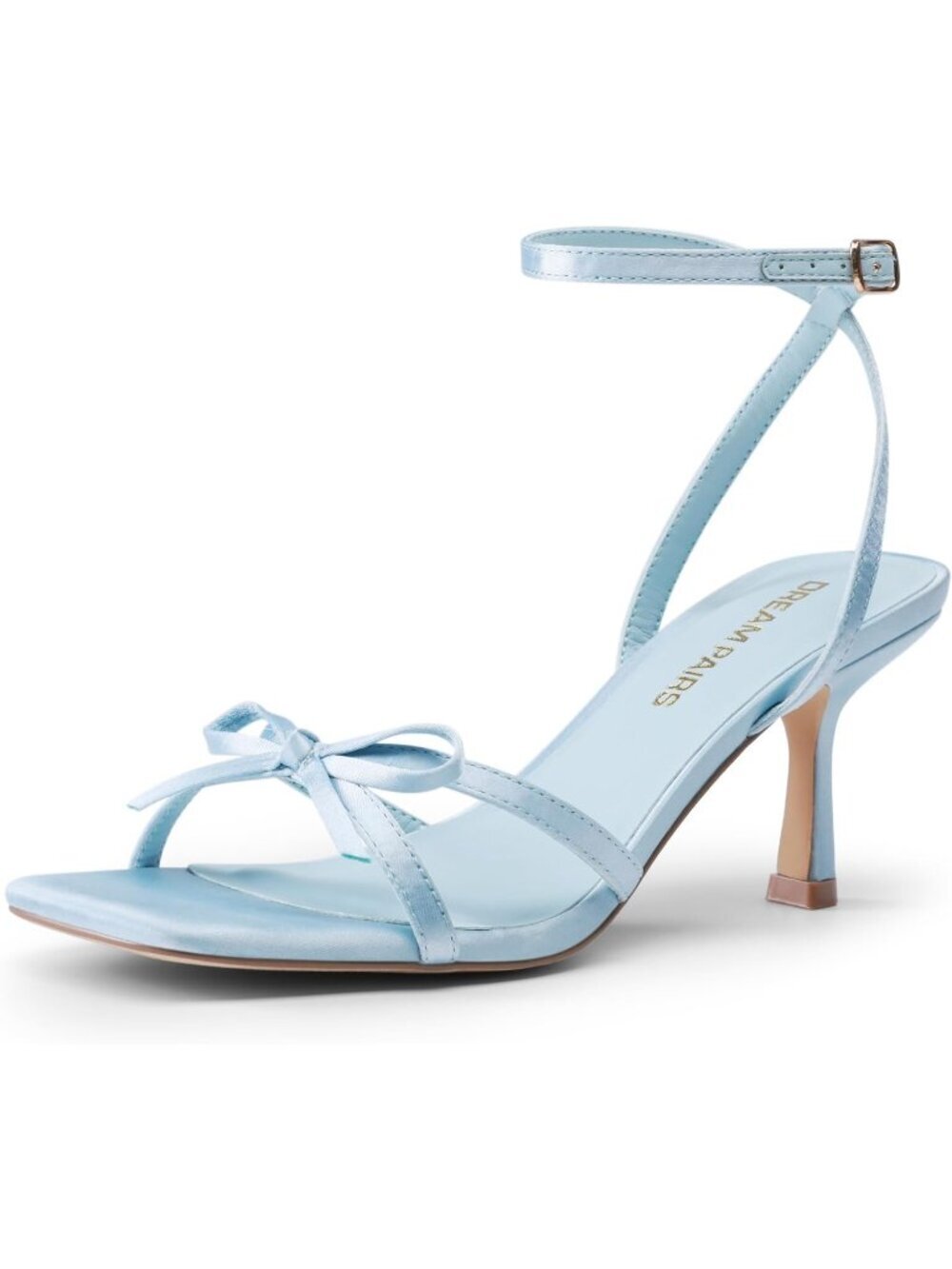 DREAM PAIRS Women's Blue Bow Heels Kitten Heels Square Toe Strappy Heeled Shoes
